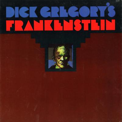 Album Covers depicts: Frankenstein's monster's face looking out of a square in the center of an album cover. The album cover text is angular and arranged in two lines at the top of the album cover. 
