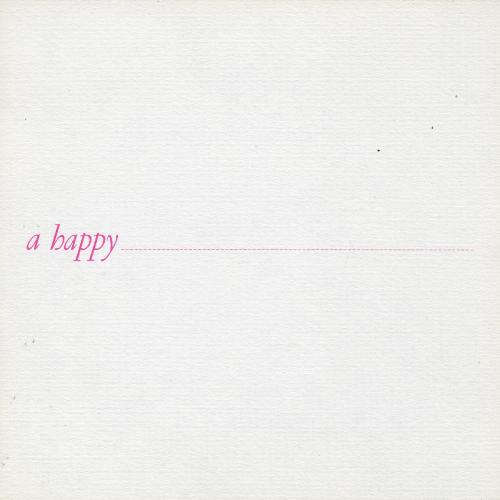Cards depicts: "A happy" typed in pink with a dashed line next to it 