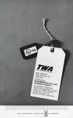 Logos and identities, Advertisements depicts: Baggage tag with a paper tag tied onto it, the paper tag says "TWA"