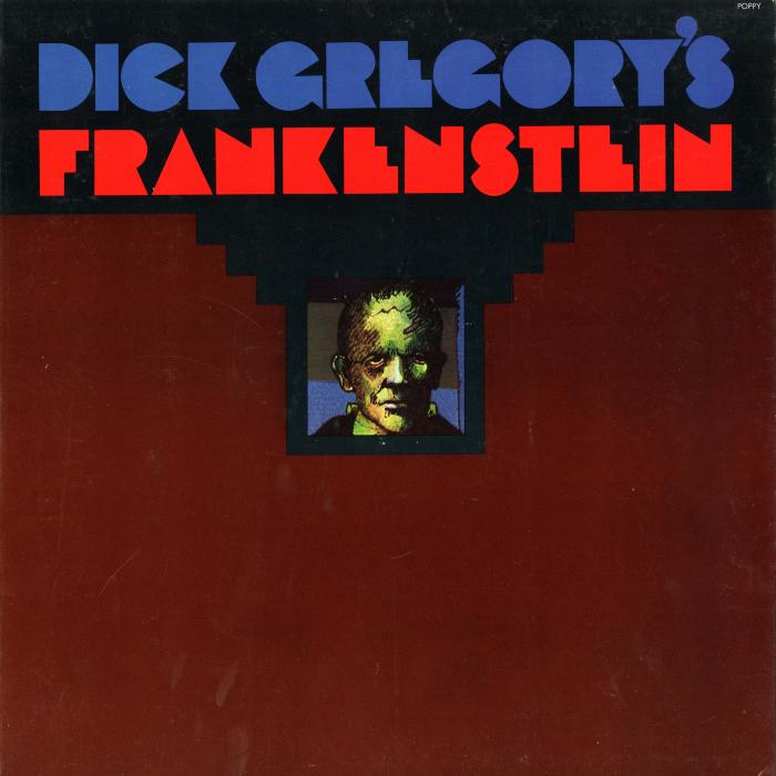 Album Covers depicts: Frankenstein's monster's face looking out of a square in the center of an album cover. The album cover text is angular and arranged in two lines at the top of the album cover. 
