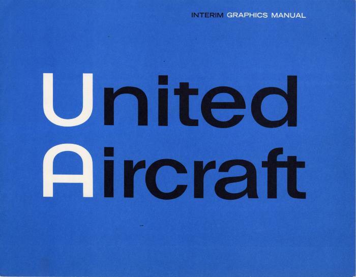 Logos and identities, Graphic Standards Manuals depicts: "United Aircraft" typed on a blue paper, the "U" and the "A" are in white while the rest of the phrase is in black 