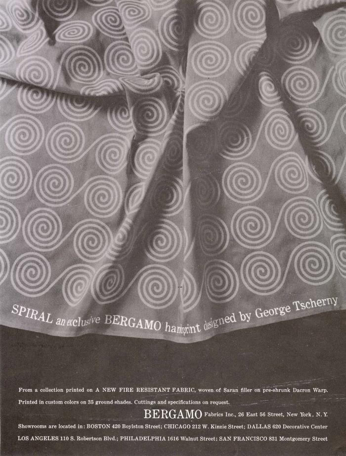 Advertisements depicts: A slightly crumpled sheet of fabric with a spiral pattern repeated over and over again 