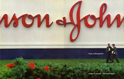 Annual Reports and Corporate Communications depicts: Two men in suits walking through a scenic landscape next to a "Johnson and Johnson" building 