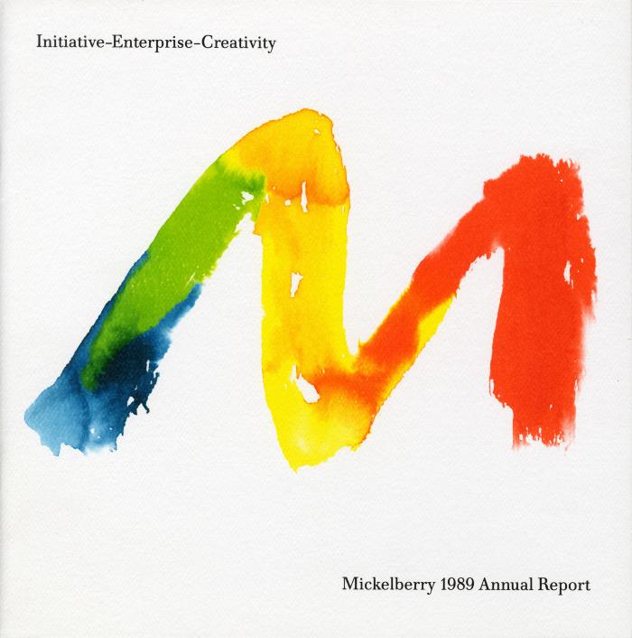 Annual Reports and Corporate Communications depicts: A watercolor "M" using various colors flowing together 
