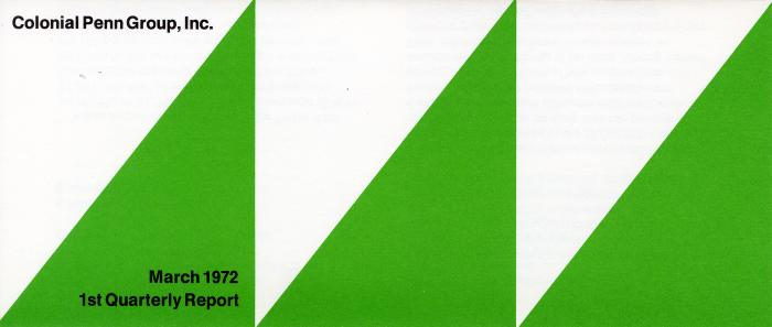 Annual Reports and Corporate Communications, Booklet/Brochure depicts: Three green triangles next to each other, the one to the left is labelled "March 1972 1st Quarterly Report" 