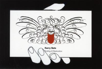Letterheads/Stationery, Logos and identities depicts: Illustration of a hand holding a notecard with a curly decorative sort of a demon head with a red tongue 