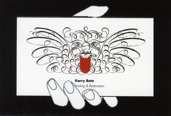 Letterheads/Stationery, Logos and identities depicts: Illustration of a hand holding a notecard with a curly decorative sort of a demon head with a red tongue 