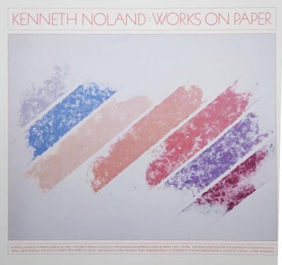 Posters depicts: Diagonal stripes of blue, pink, and purple paint