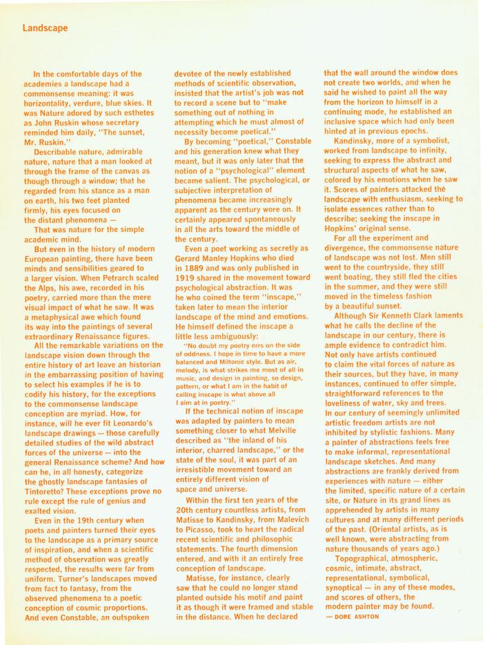 Artists' statements depicts: Exhibition statement in three columns of orange text 