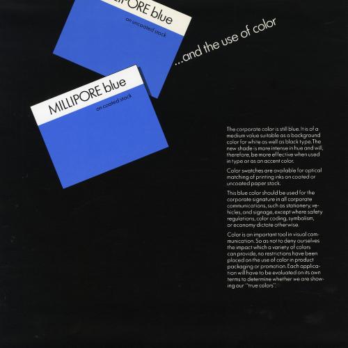 Graphic Standards Manuals, Logos and identities depicts: An illustration of two Millipore blue paint swatch samplers on a black background 