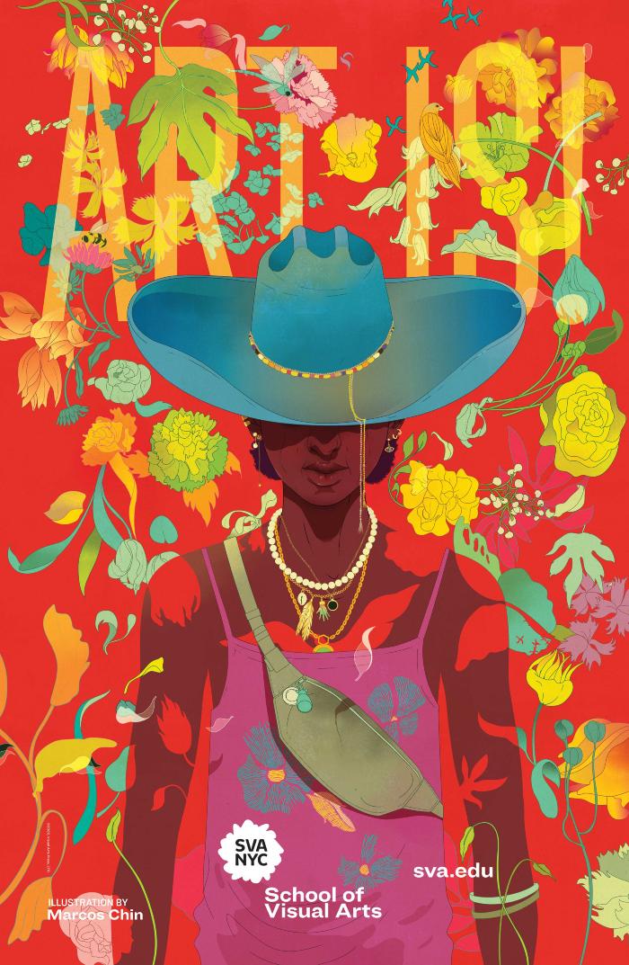 Posters depicts: Black woman wearing large blue hat against a floral background