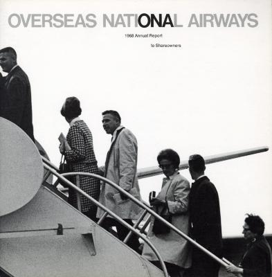 Annual Reports and Corporate Communications depicts: A line of people walking up the steps of a plane, above is printed "Overseas National Airways"