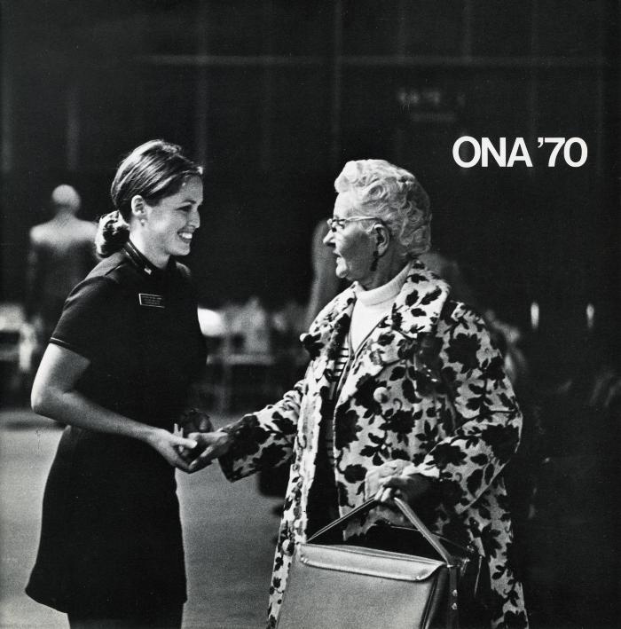Annual Reports and Corporate Communications depicts: A young female flight attendant shaking hands with an older woman, to the right is printed "ONA '70"
