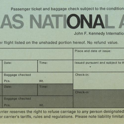 Booklet/Brochure depicts:  Green faded Overseas National Airways unfilled boarding pass