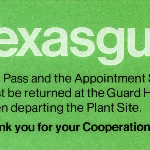 "Texasgulf" typed in large white font on a green slip of paper with other text below 