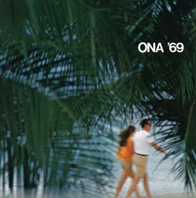 Annual Reports and Corporate Communications depicts: A couple seen walking on the beach through a foliage of palm trees, above is printed "ONA '69"