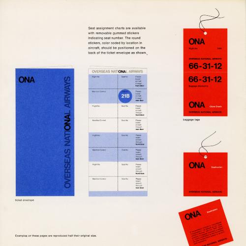 Graphic Standards Manuals, Logos and identities depicts: Illustrations of Overseas National Airways paraphernalia; a blue ticket envelope, an orange tag
