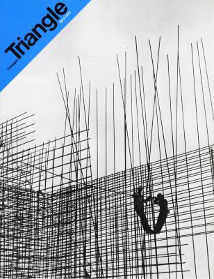 Two men balancing on a sort of grid of metal poles, in the upper left hand corner the word "triangle" is printed in a blue triangle 