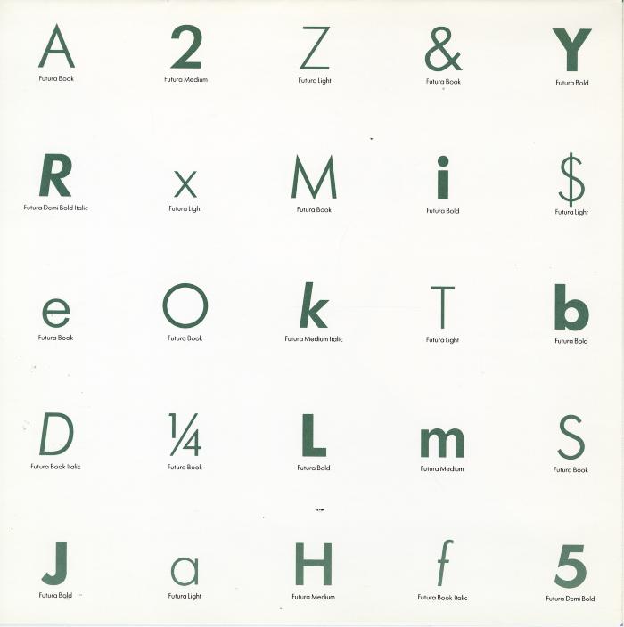 Graphic Standards Manuals, Logos and identities depicts: Various numbers and letters in a grid written in various fonts 
