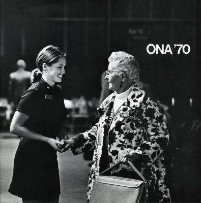 Annual Reports and Corporate Communications depicts: A young female flight attendant shaking hands with an older woman, to the right is printed "ONA '70"