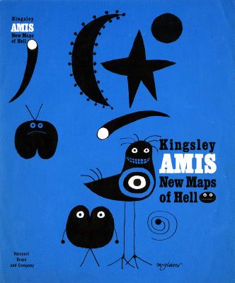 Book Covers depicts: Miro style bird and other stragne almost heart shaped creatures, plus a moon, star, and metor all in black, white and blue.