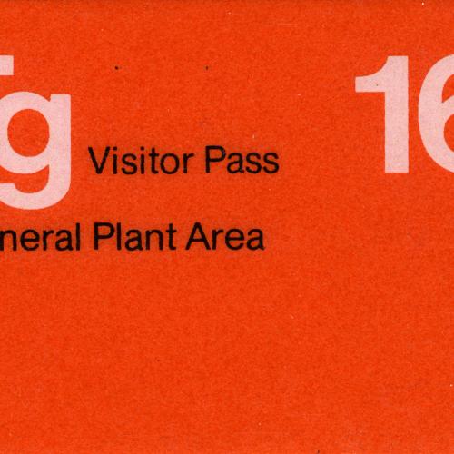 "Tg Visitor Pass 16 General Plant Area" printed on an orange slip of paper