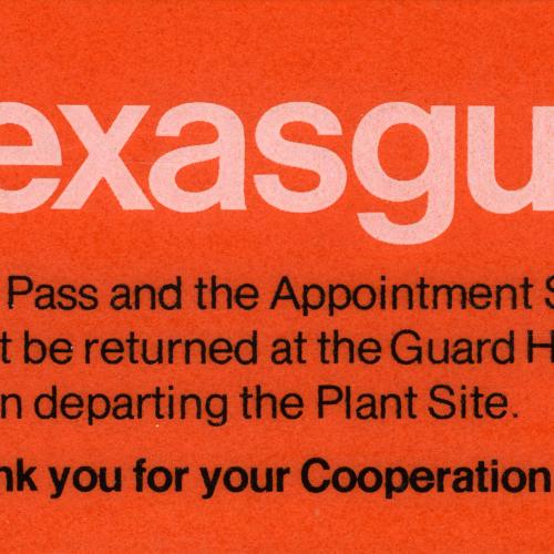 "Texasgulf" typed in large white font on an orange slip of paper with other text below 