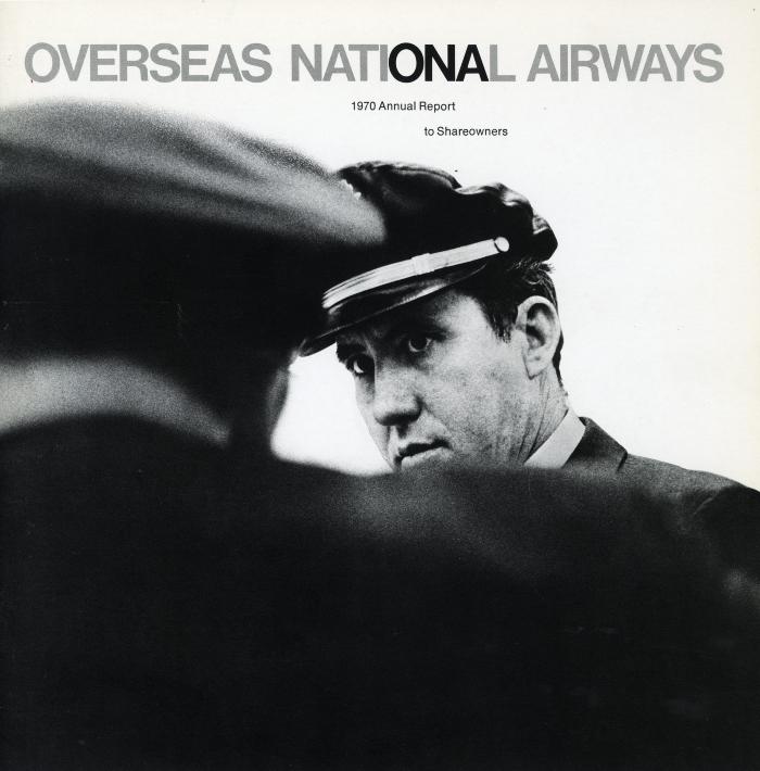 Annual Reports and Corporate Communications depicts: Two men in uniforms and pilots caps looking at each other, above is printed "Overseas National Airways" 