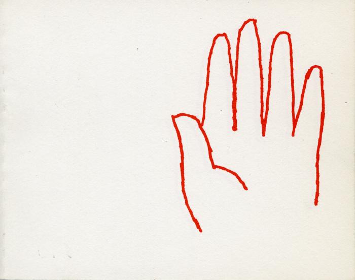 Booklet/Brochure depicts: Orange cartoonish line drawing of a hand 