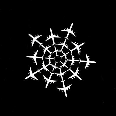 Cards, Logos and identities depicts: A sort of snowflake design made out of various white plane silhouettes patterned together on a black background 