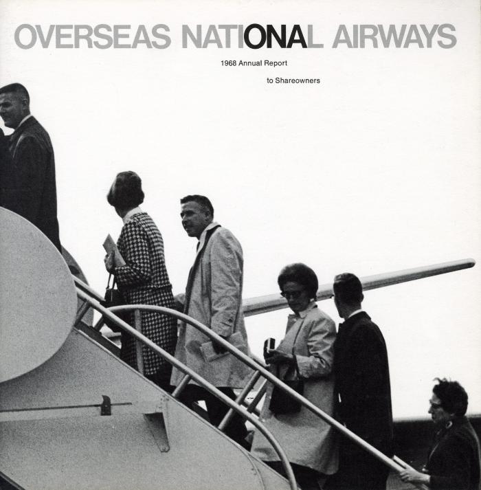 Annual Reports and Corporate Communications depicts: A line of people walking up the steps of a plane, above is printed "Overseas National Airways"