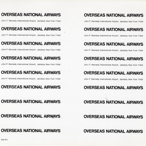 Graphic Standards Manuals, Logos and identities depicts: "ONA "Overseas National Airways" and an address printed over and over again in rows 