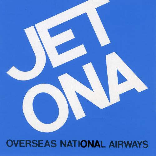Letterheads/Stationery, Logos and identities depicts: "Jet Ona" printed largely at a diagonal in white on a blue paper, underneath in smaller text it says "Overseas National Airways"