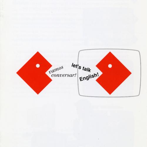Two minimal illustrated orange heads speak towards each other, they say "Vamos Conversar! Let's talk English!"