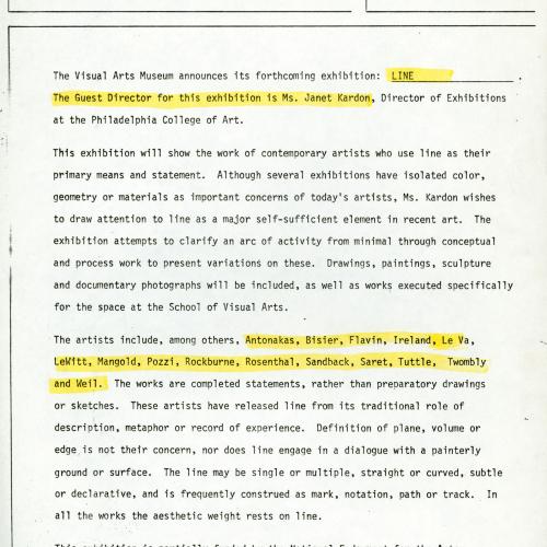 Press Releases depicts: Typewritten description of exhibition