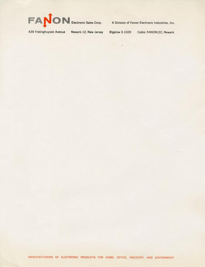 Letterheads/Stationery, Logos and identities depicts: "Fanon" logo on the top of a page, the "N" is in orange and has an arrow sticking out from either end 
