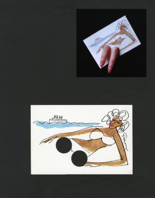 Cards depicts: Cartoon illustration of a tan woman in a white bikini laying on a beach with two holes cut out where her legs would be, next to the drawing is a photograph of two manicured fingers sticking through the holes 