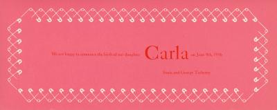 Cards depicts: White safety pins border the name "Carla" on a pink note