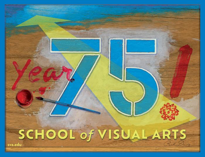 Posters depicts: Blue number 75 painted on wood surface with yellow arrow