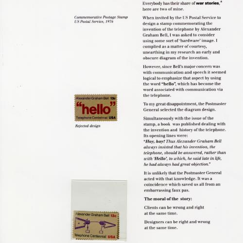 Annual Reports and Corporate Communications depicts: Two stamps on a page, one says "hello" in red, the other has an illustration of the first telephone 