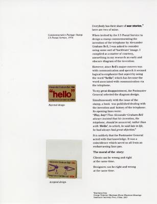Annual Reports and Corporate Communications depicts: Two stamps on a page, one says "hello" in red, the other has an illustration of the first telephone 