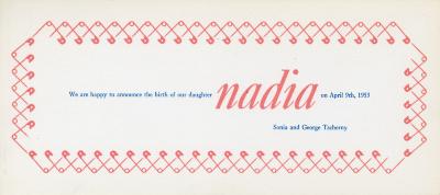 Cards depicts: Pink safety pins border the name "Nadia" on a white note
