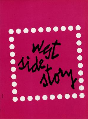 Programs depicts: "West Side Story" written on a pink page, a square border of white circles sits around the text 