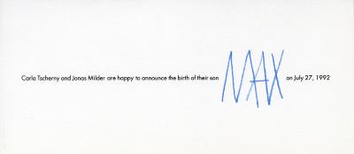 Cards depicts: "Max" written in a blue crayon in a childish handwriting 