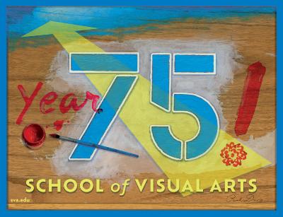 Posters depicts: Blue number 75 painted on wood surface with yellow arrow