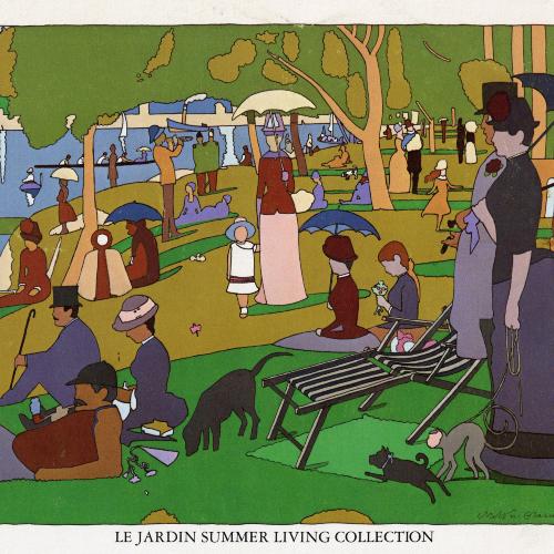 Posters depicts: drawing based on Georges Seurat's painting of people relaxing on an island on a summer day. The figures are composed of outlines only.