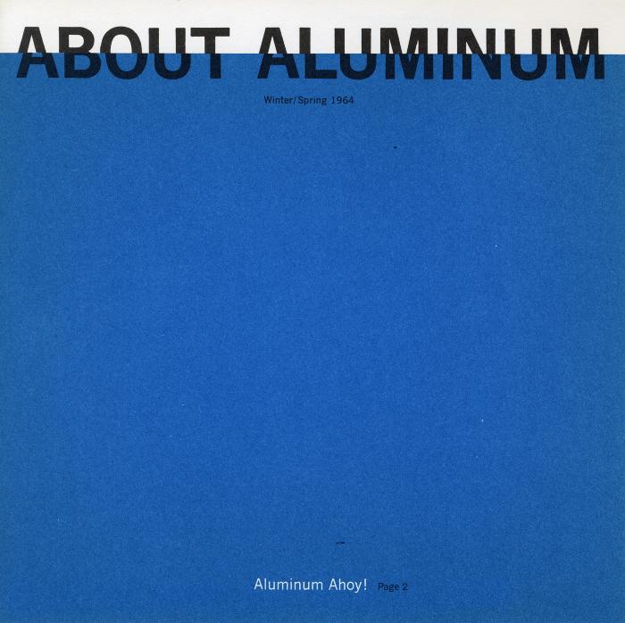 Serial Publications, Logos and identities depicts: "About Aluminum" printed on the top of a page, the phrase is split in half and slightly askew, the top half has a white background, the bottom half a blue background 