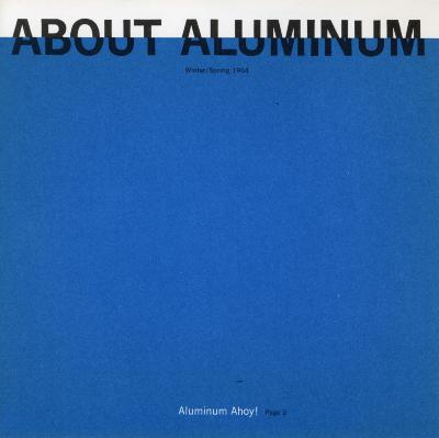 Serial Publications, Logos and identities depicts: "About Aluminum" printed on the top of a page, the phrase is split in half and slightly askew, the top half has a white background, the bottom half a blue background 