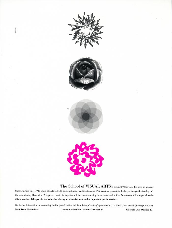 Advertisements depicts: Four different illustrations of flower shapes, one is distinctly a rose, the other three are abstract. The bottom flower is the SVA flower in pink 