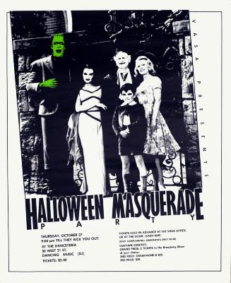 Posters depicts: Five people dressed in halloween costumes printed in blue ink, one is dressed as Frankenstein and his face and hand are green